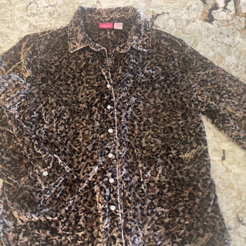 Pappagallo Women's L Leopard Top Brown Black Animal Print Bling Retro Cocktail